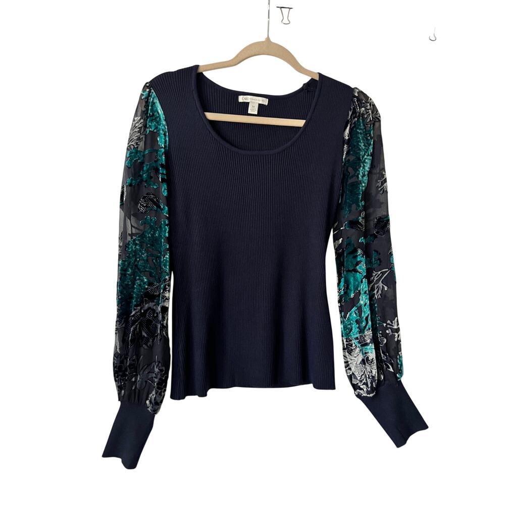 Cato Navy Ribbed Top Sheer Teal Floral Balloon Sleeve Boho Blouse MED NWOT